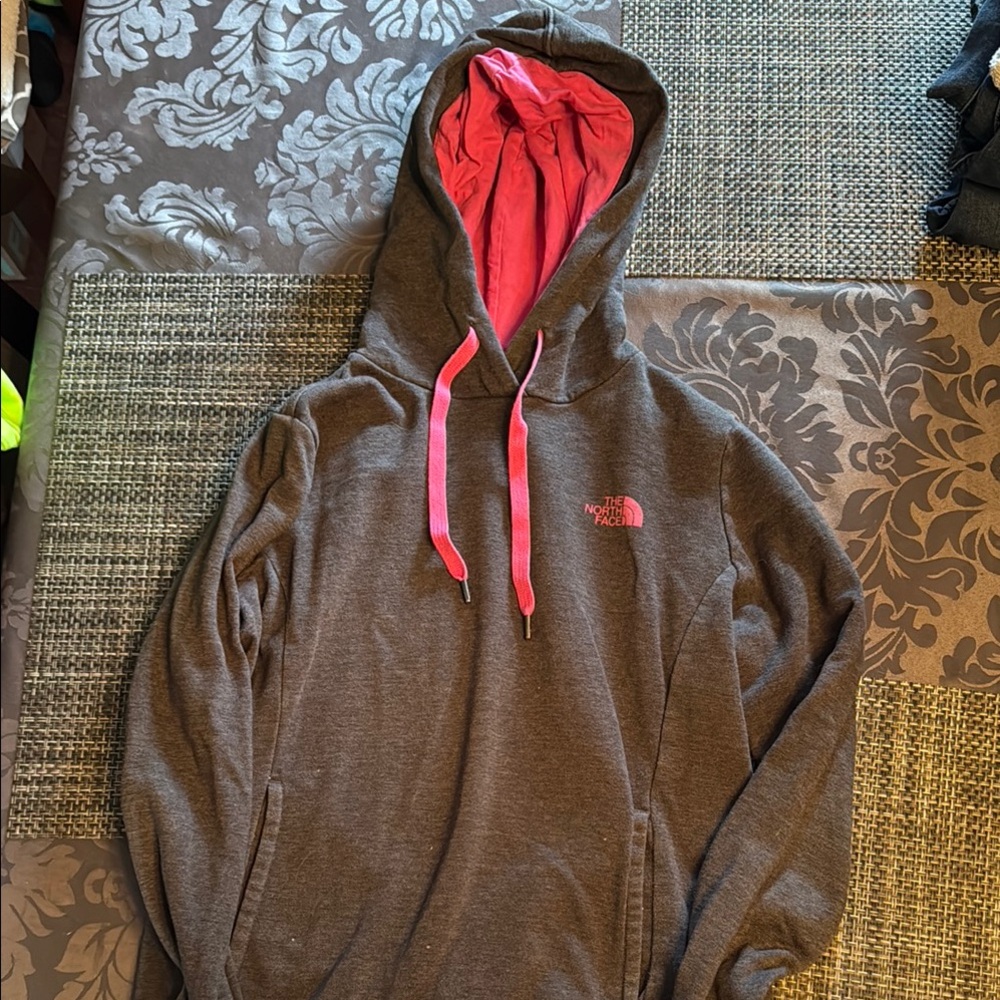 The North Face Men's Gray Hoodie with Pink Accents
